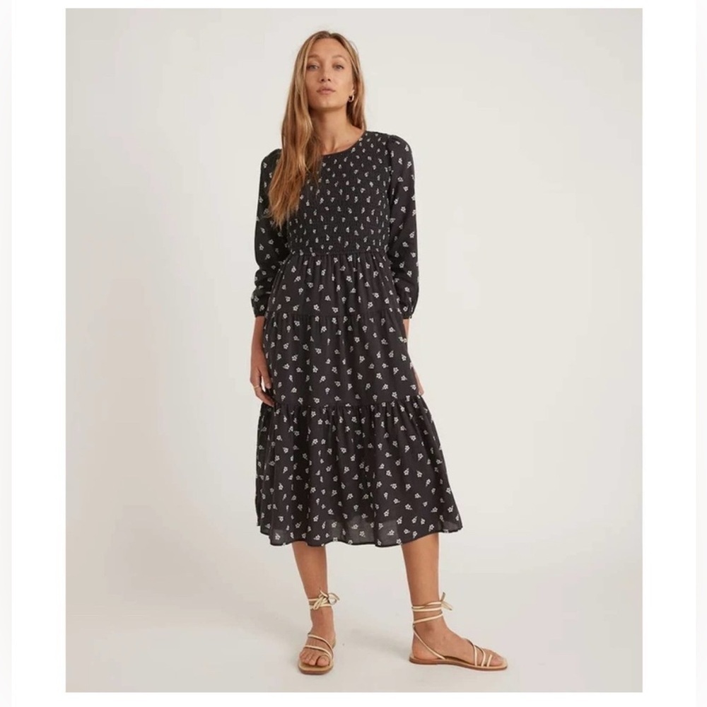 Marine Layer Camille Smocked Midi Dress in Black Modern Ditsy - S